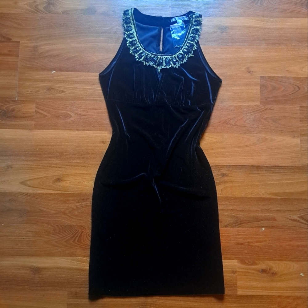 Black Velvet Velveteen Cocktail 🍹 mini Dress Flapper Art Deco Beaded Collar